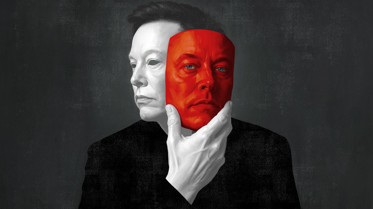 Artistic portrait showing a figure in profile with half the face rendered in grayscale and the other half in bright red.