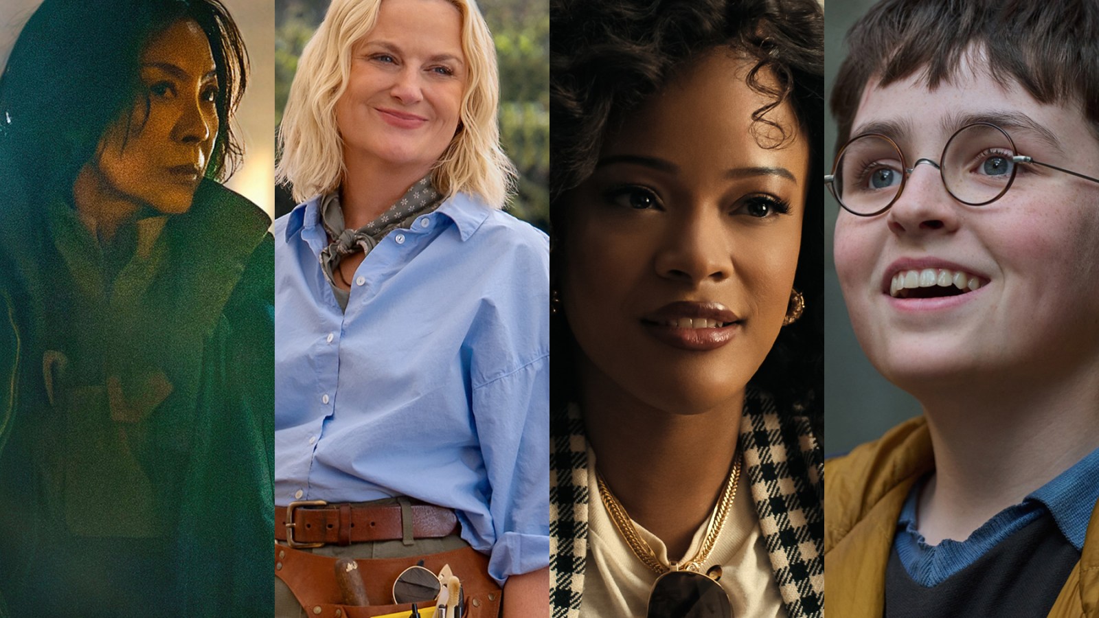 A composite image showing four close-up portraits of women with different styling and backgrounds, appearing to be from television productions.