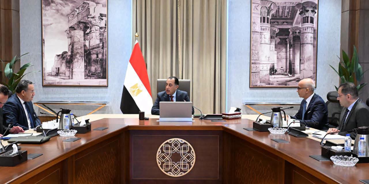 Several men in business suits sit at a curved wooden conference table with the Egyptian flag in the background, during what appears to be an official government meeting.