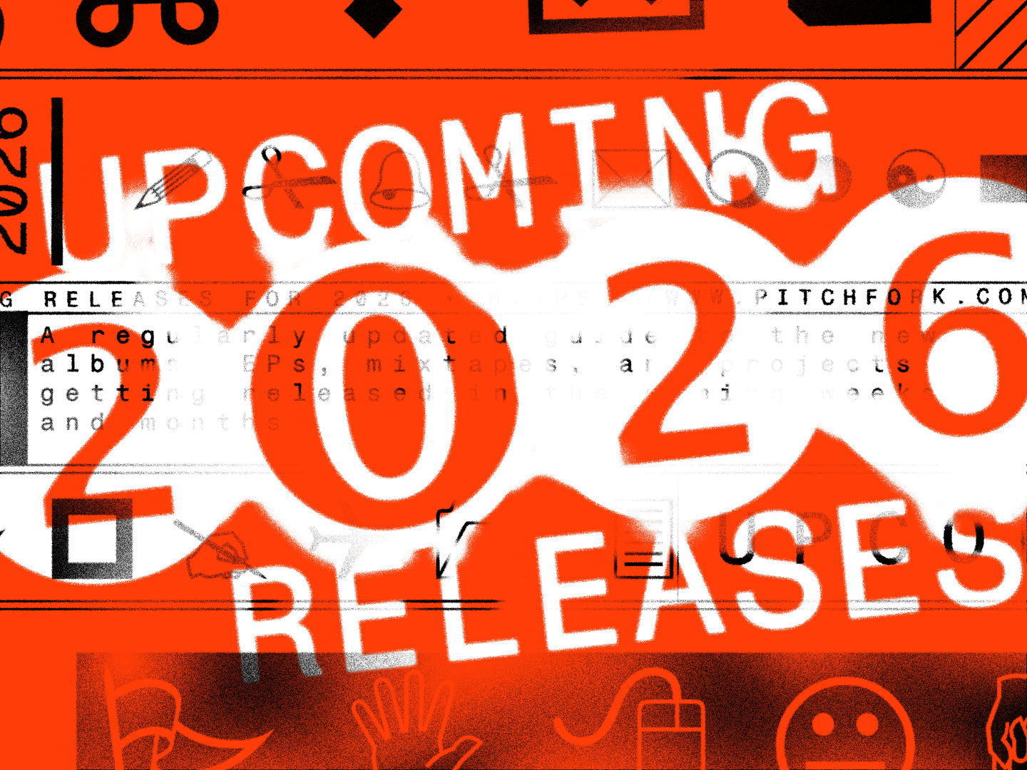 A vibrant orange and white graphic showing "2026 RELEASES" in large bold text, overlaid with various music-related icons and web design elements.