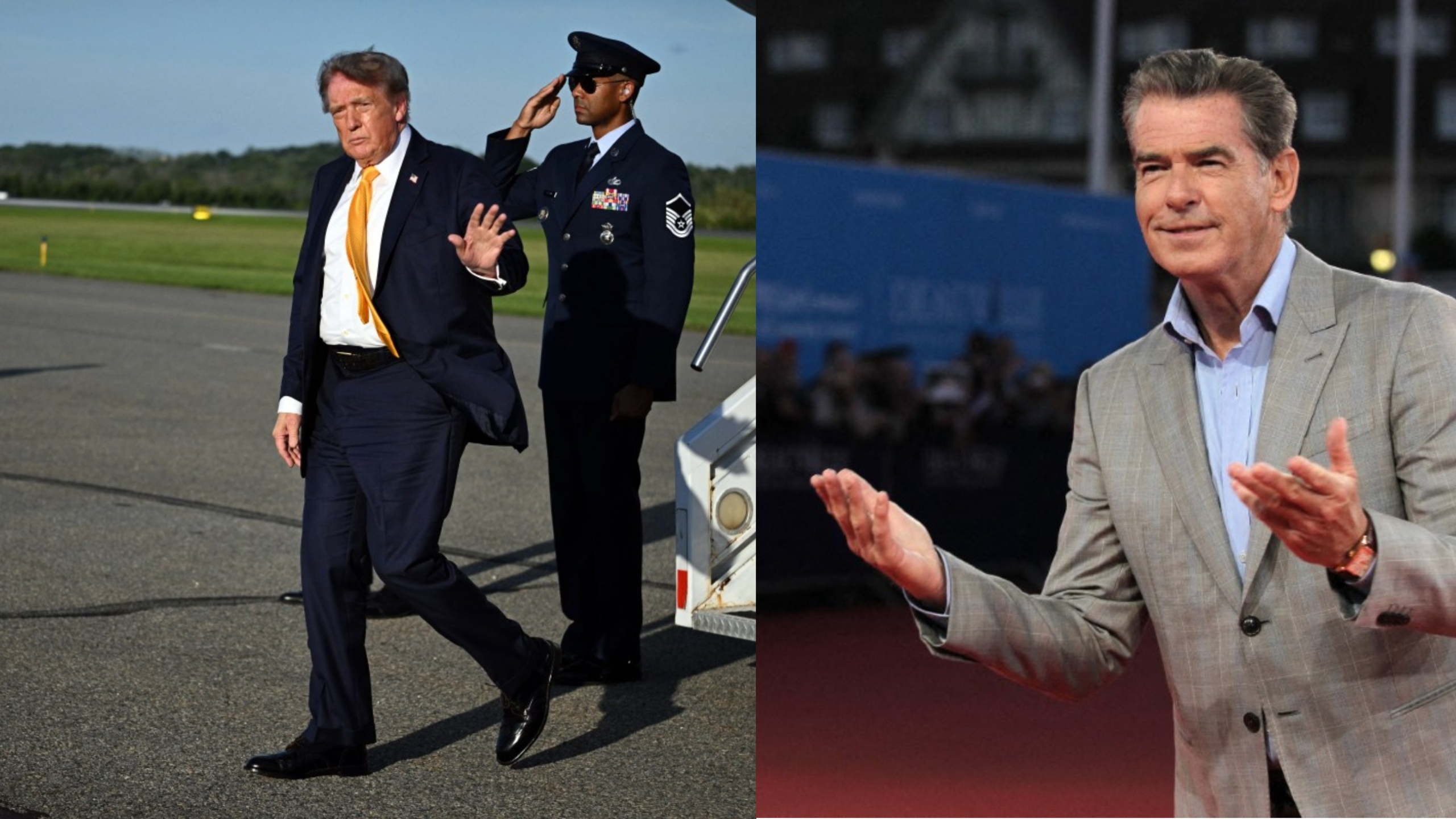 A split image showing a man in a dark navy suit with a gold tie walking on an airport tarmac on the left, and the same man in a beige suit speaking with hand gestures on the right.