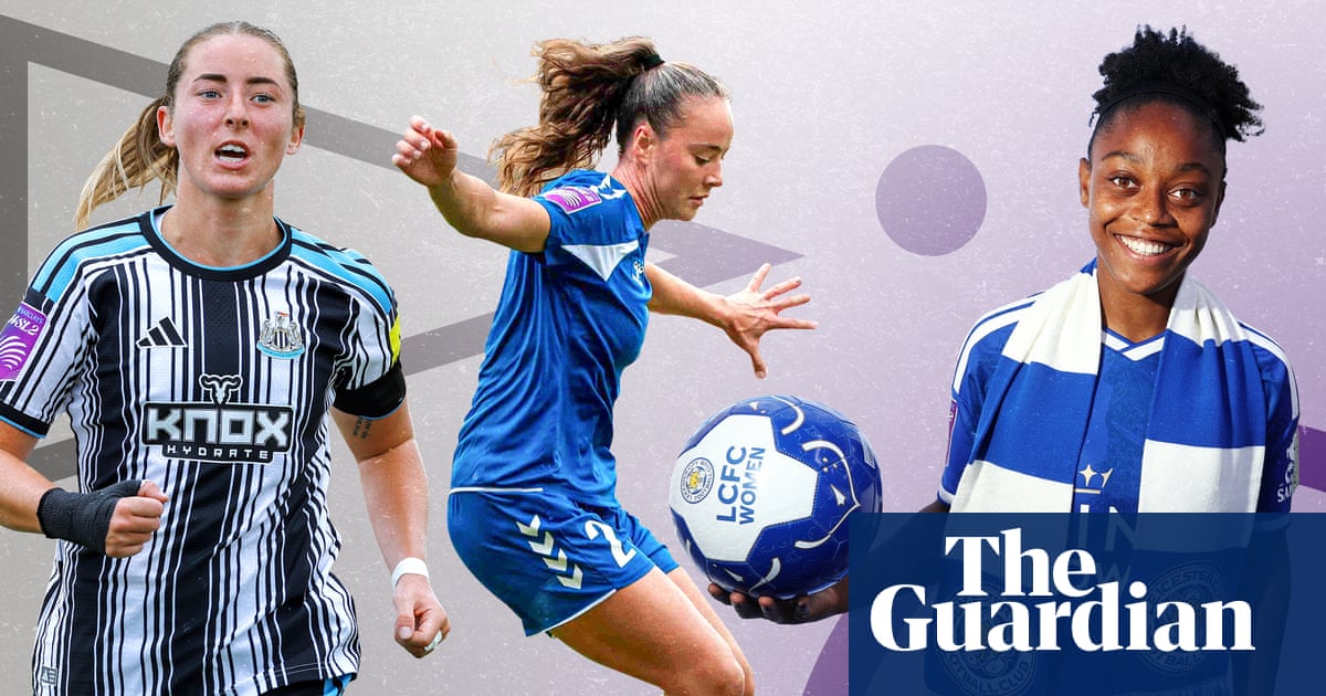 Three female soccer players in different team uniforms are shown against a light background with geometric shapes and a soccer ball.