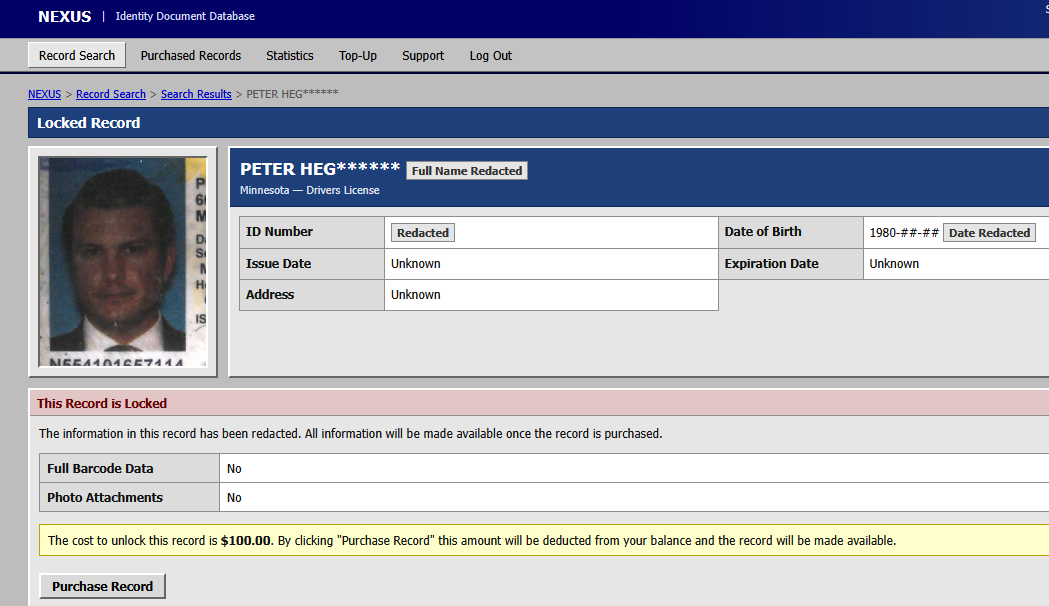 A screenshot of an identity document database system showing a locked driver's license record with a photo ID and redacted personal information fields.