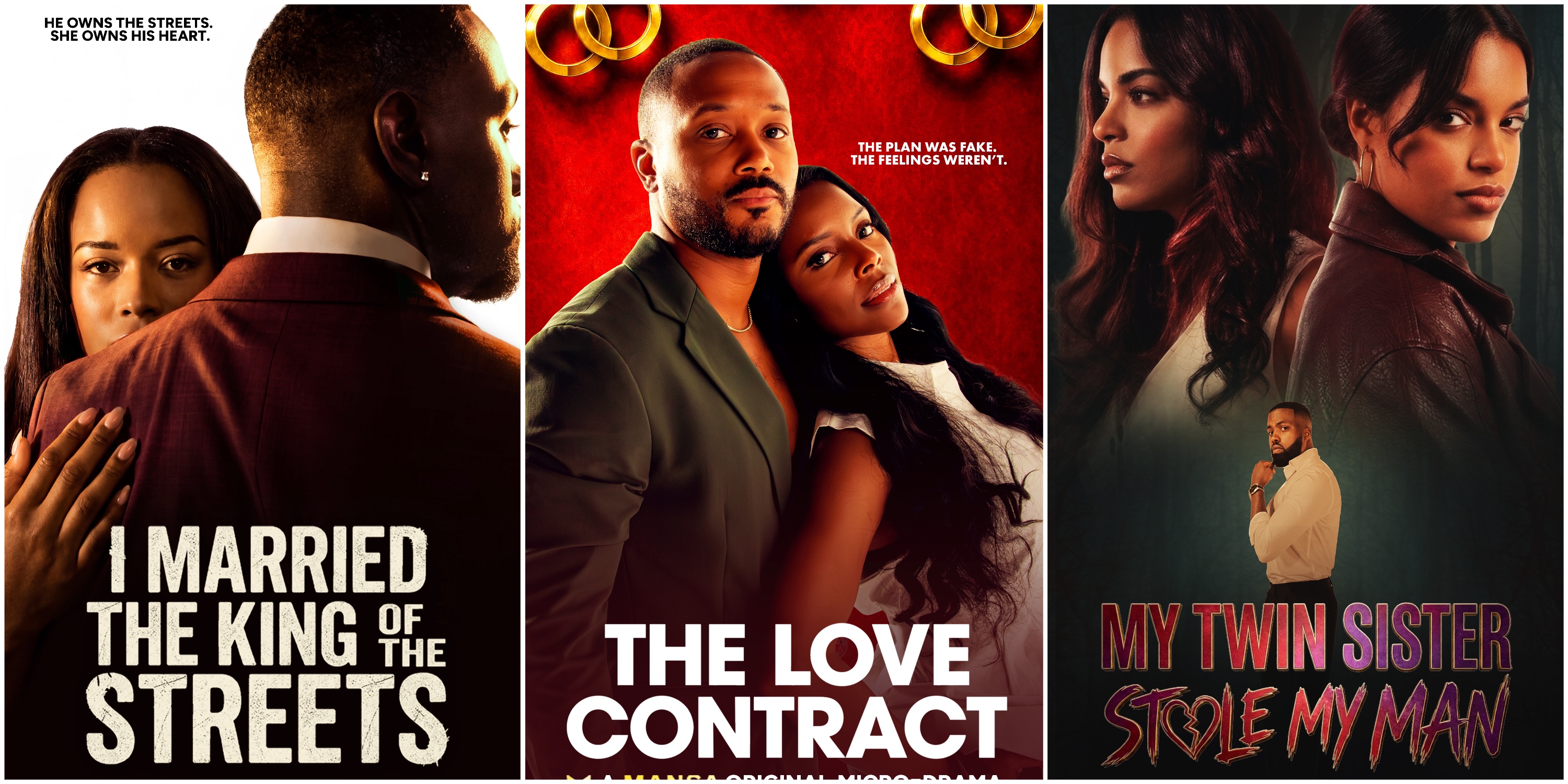 Three promotional posters for dramatic series are displayed side-by-side, showing intimate scenes between actors and featuring titles and taglines for each production.